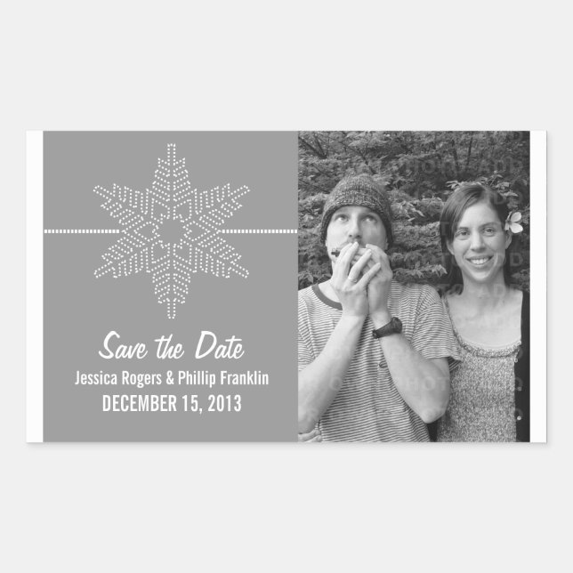 Sweet Snowflake Save the Date Stickers, Gray Rectangular Sticker (Front)