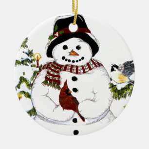 Sweet snowlady and cardinal, chickadee ornament. ceramic ornament