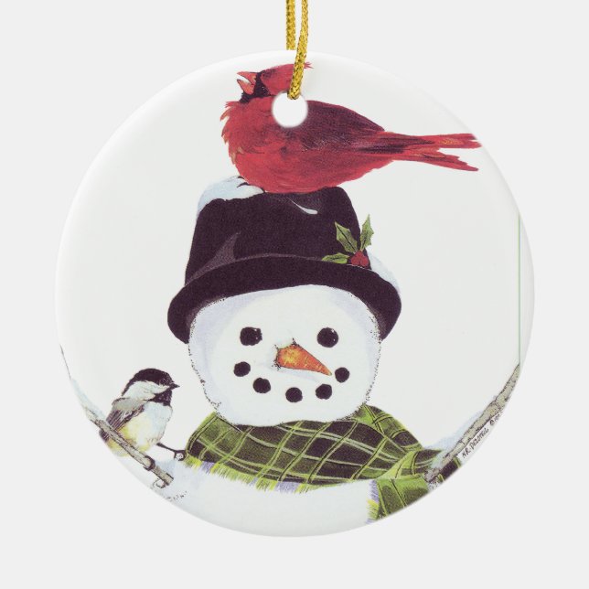 Sweet snowman and cardinal ornament. ceramic ornament (Front)