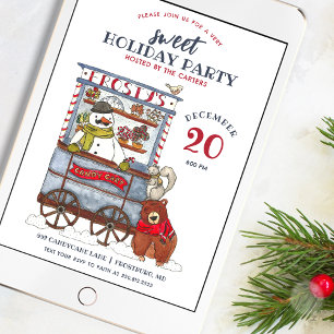Sweet Snowman Candy Cart Watercolor Holiday Party Invitation
