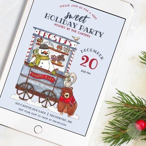 Sweet Snowman Candy Cart Watercolor Holiday Party  Invitation