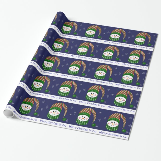 Sweet Snowman in Striped Hat and Scarf Wrapping Paper (Unrolled)