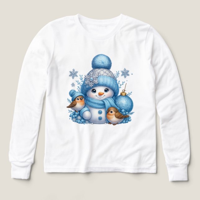 Sweet Snowman & Little Birds Holiday Shirt (Design Front)