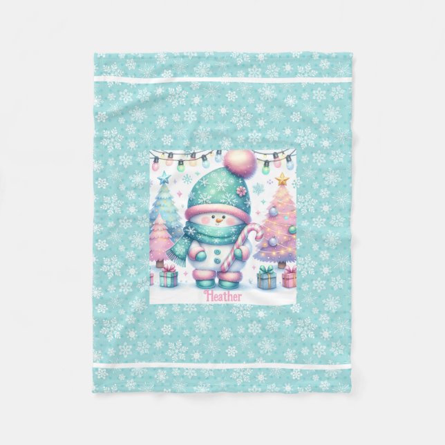 Sweet Snowman Personalize Name Christmas Baby Fleece Blanket (Front)