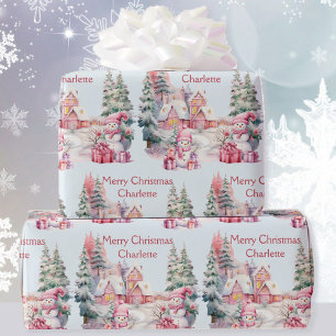 Sweet Snowmen in Pastels Add Girl's Name Christmas Wrapping Paper