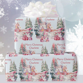Sweet Snowmen in Pastels Add Girl's Name Christmas Wrapping Paper