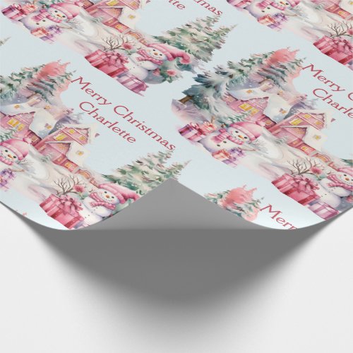 Sweet Snowmen in Pastels Add Girls Name Christmas Wrapping Paper