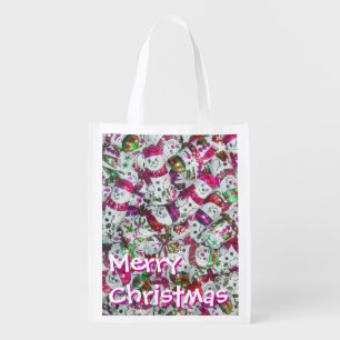 Sweet Snowmen Pink Merry Christmas reusable bag