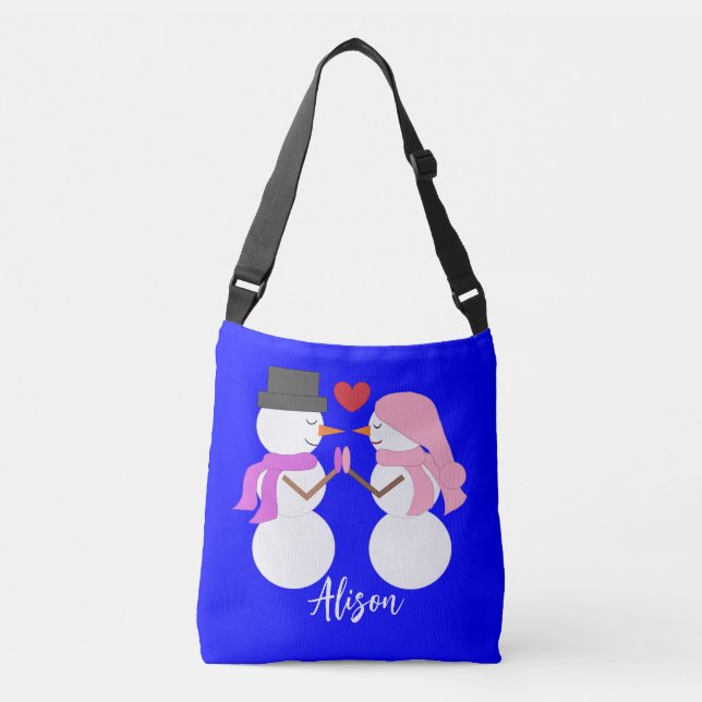 Sweet Snowpeople in Love: Blue Crossbody Bag (Front)