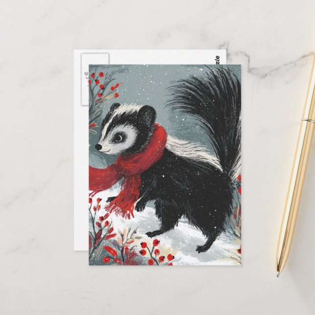 Sweet Snunk in Winter Red Berries and Snow Postcard (Front/Back In Situ)