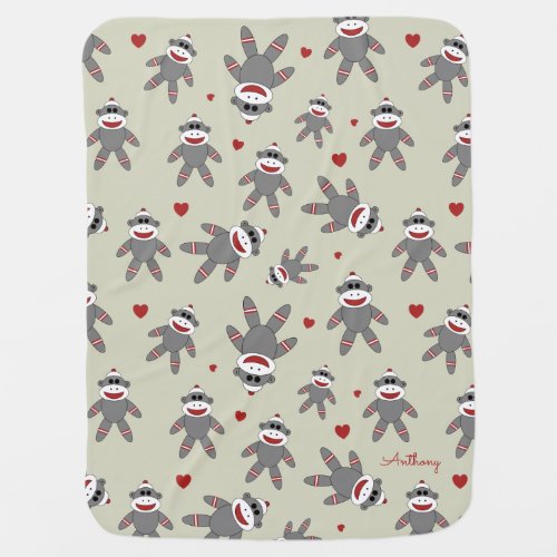 Sweet Sock Monkeys with Red Hearts Pattern on Tan Baby Blanket