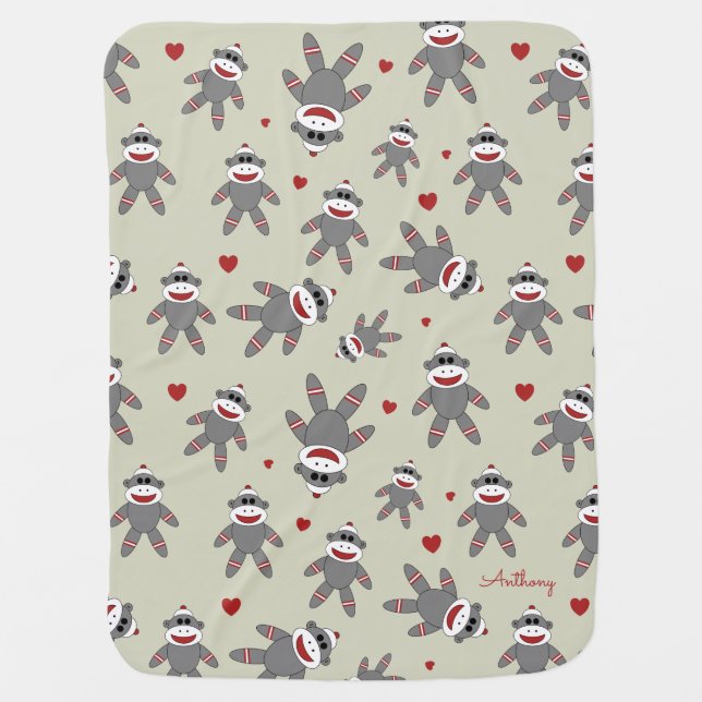 Sweet Sock Monkeys with Red Hearts Pattern on Tan Baby Blanket (Front)