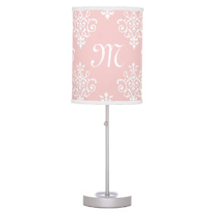 Sweet Soft Pink and White Damask With Monogram Table Lamp