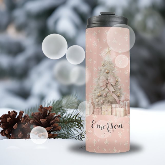 Sweet Soft Pink Christmas Tree & custom greetings Thermal Tumbler (Creator Uploaded)
