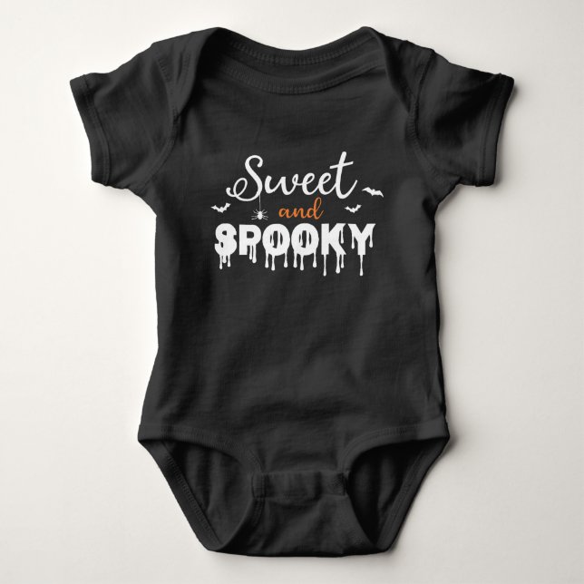 Sweet Spooky Halloween Bat Orange Black Typography Baby Bodysuit (Front)