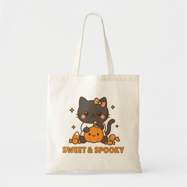 Sweet & Spooky Halloween Tote Bag Cute Candy Cat (Front)