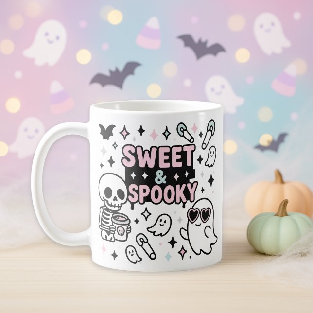 Sweet & Spooky Pastel Pink Halloween Coffee Mug (Sweet & Spooky Kawaii Halloween Mug • Cute Ghosts, Skeleton & Pastel Stars Coffee Cup)