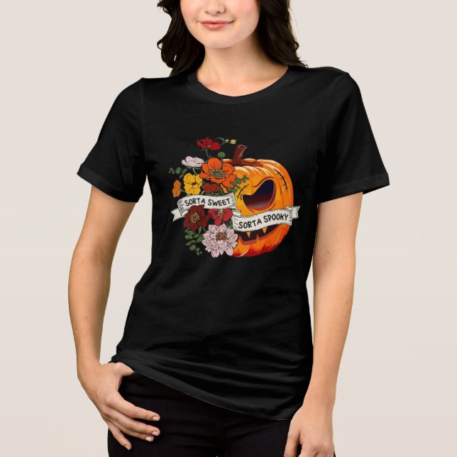 Sweet Spooky Pumpkin Floral Halloween Graphic T-Sh Tri-Blend Shirt (Front)
