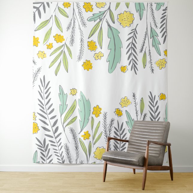 Sweet Sprigs Mint Yellow and Gray Floral Tapestry (In Situ)