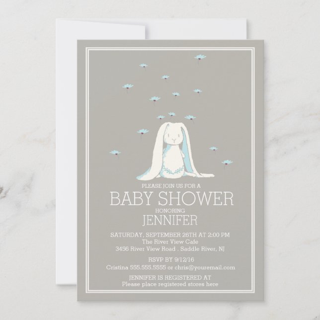 Sweet Spring Blue Boys Bunny Baby Shower Invitation (Front)