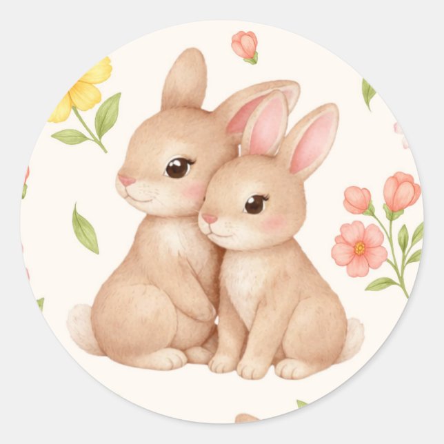 Sweet Spring Bunnies & Floral Garden Pattern Classic Round Sticker (Front)