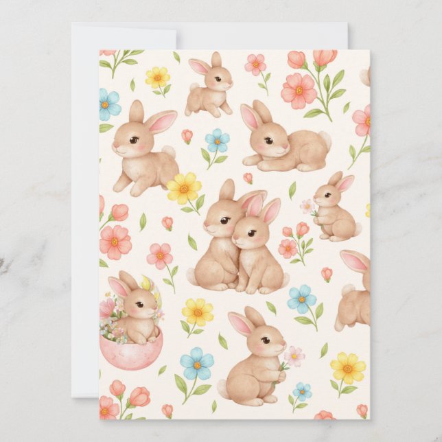 Sweet Spring Bunnies & Floral Garden Pattern Holiday Card (Front)