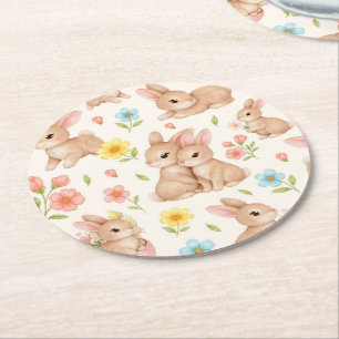 Sweet Spring Bunnies & Floral Garden Pattern Round Paper Coaster