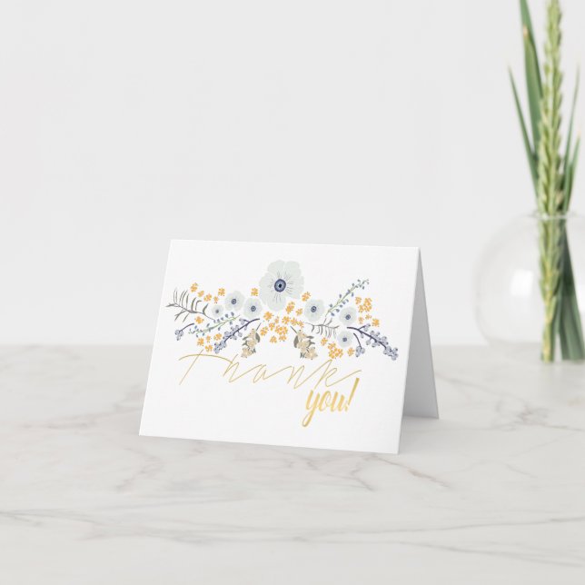 Sweet Spring Floral Mix Motif Blue Gray Yellow Thank You Card (Front)