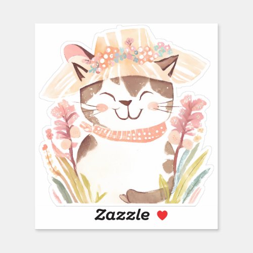 Sweet Spring Straw Hat Flowers Kitty Cat Die_cut  Sticker