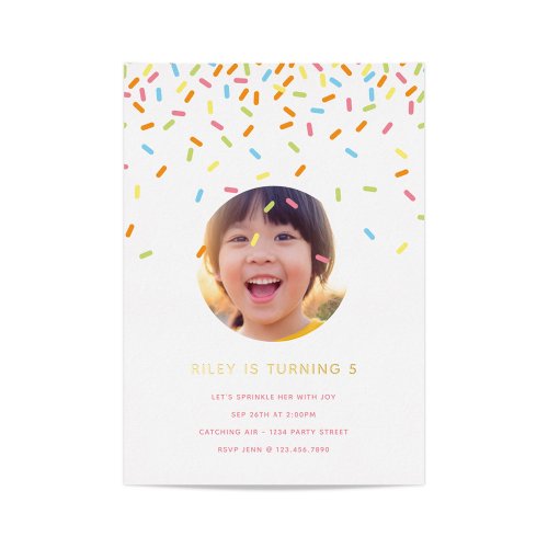 Sweet Sprinkle Kids Birthday Party Photo and Gold Foil Invitation