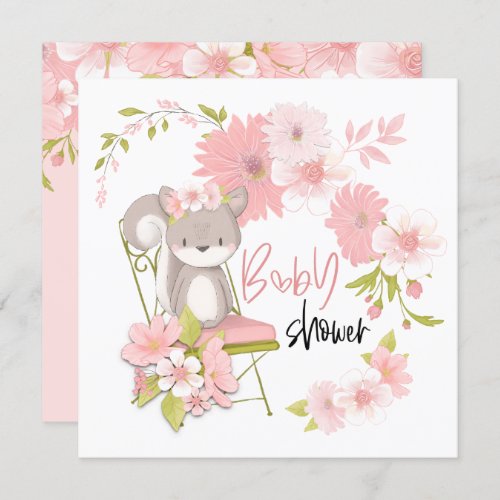 Sweet Squirrel Florals White Pink Girl Baby Shower Invitation