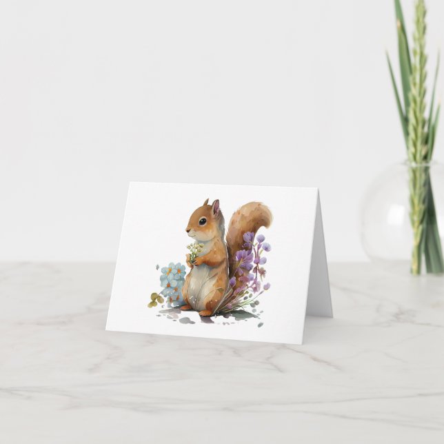 Sweet Squirrel Holding Flowers BLANK  Card (Front)