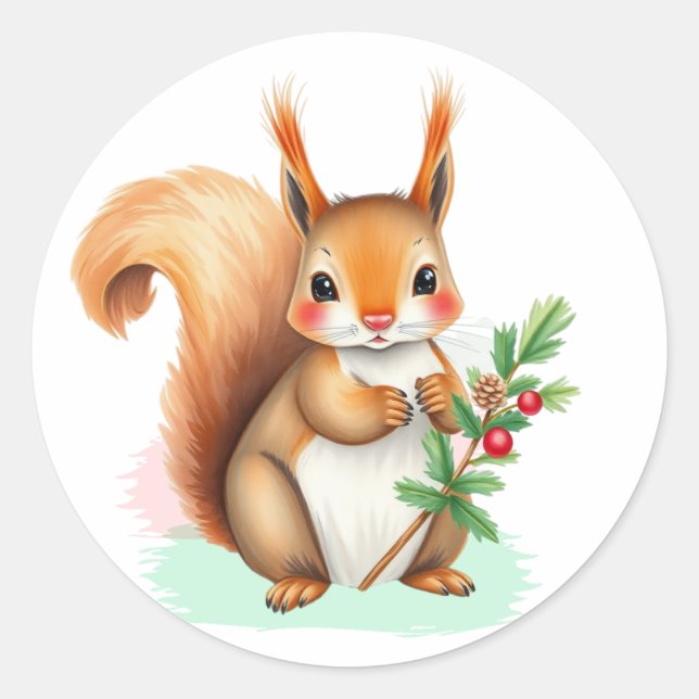 Sweet Squirrel  holding  Holly Branch Christmas Classic Round Sticker (Front)