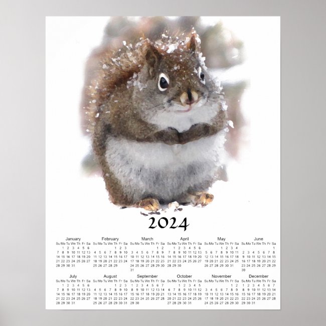 Sweet Squirrel in Snow 2024 Calendar Poster