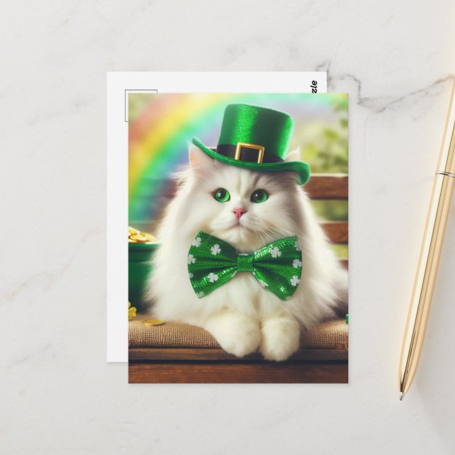 Sweet St. Patricks Day Cute Cat Postcard (Front/Back In Situ)