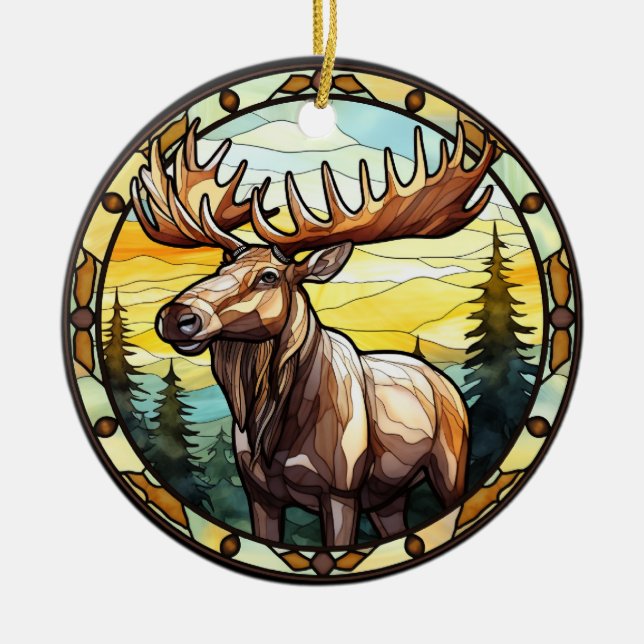 Sweet Stained Glass American Elk Moose Ceramic Ornament (Front)