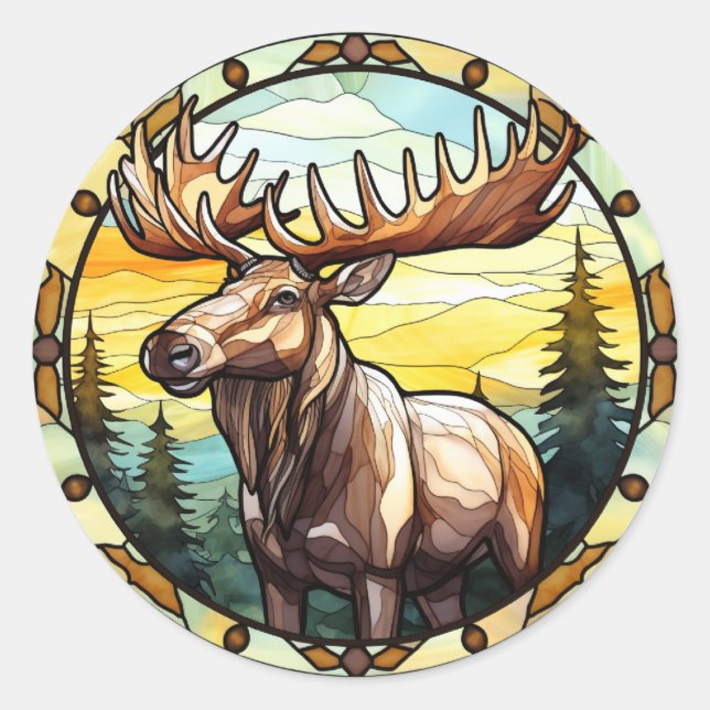 Sweet Stained Glass American Elk Moose Classic Round Sticker (Front)