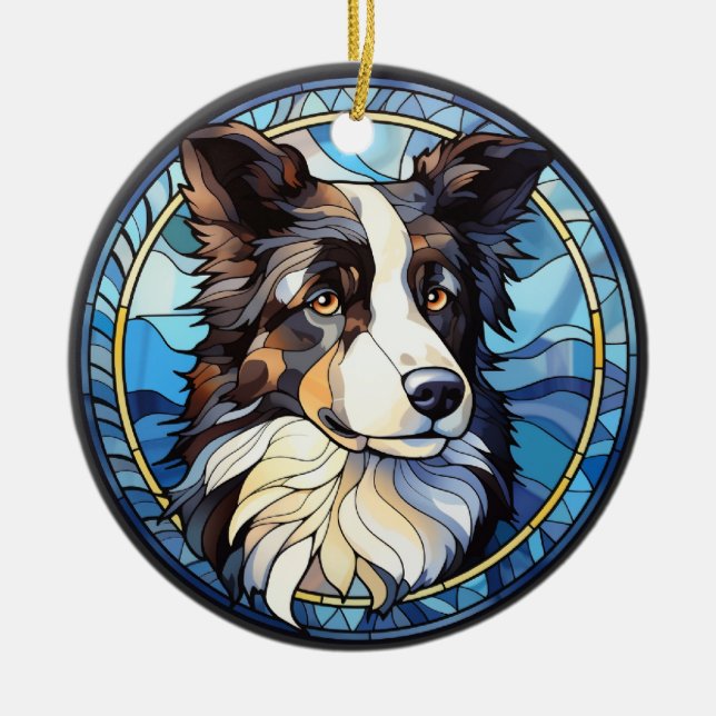 Sweet Stained Glass Australian Shepherd Dog Ceramic Ornament (Front)