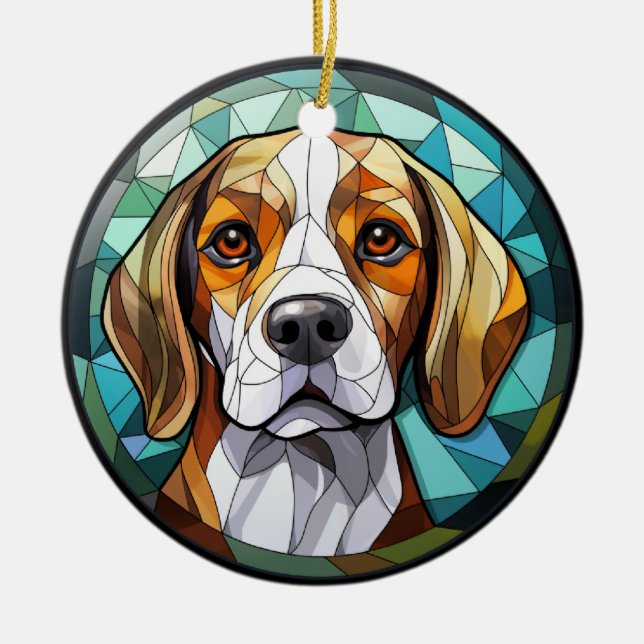Sweet Stained Glass Beagle Hound Dog Ceramic Ornament (Front)