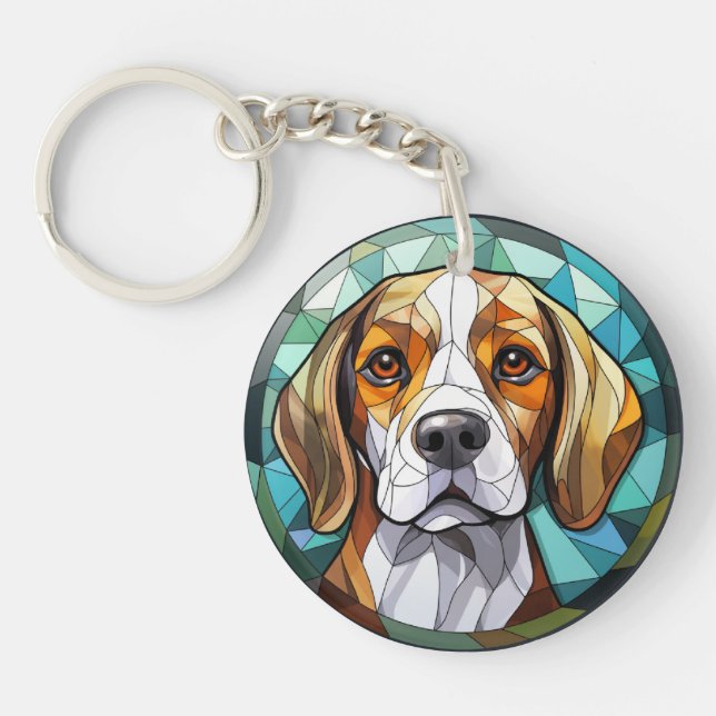Sweet Stained Glass Beagle Hound Dog Keychain (Front)