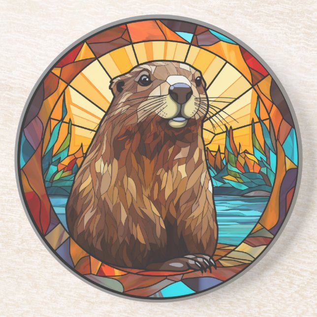 Sweet Stained Glass Beaver Coaster (Front)