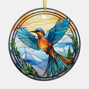 Sweet Stained Glass Bluebird Ceramic Ornament
