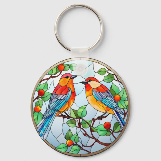 Sweet Stained Glass Bluebirds Keychain (Front)