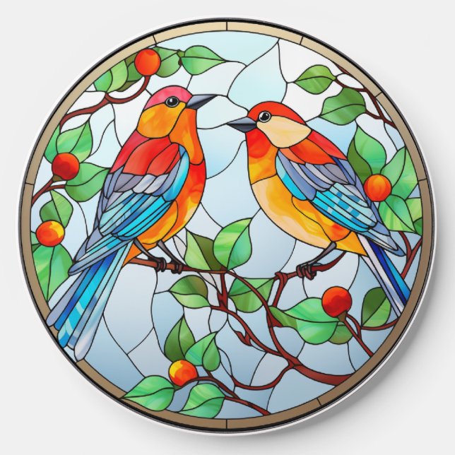 Sweet Stained Glass Bluebirds Wireless Charger (Front)