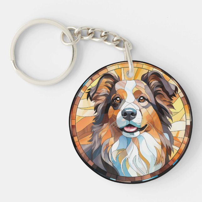 Sweet Stained Glass Border Collie Dog Keychain (Front)