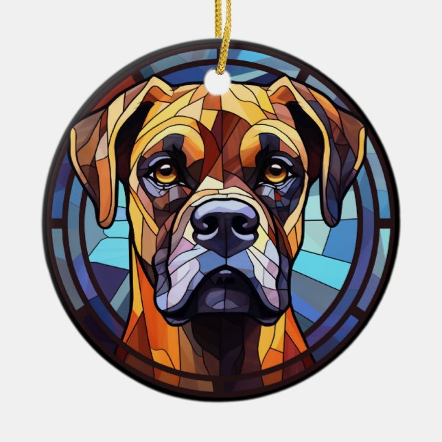Sweet Stained Glass Boxer Dog Ceramic Ornament (Front)