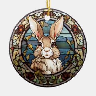 Sweet Stained Glass Bunny Rabbit Ceramic Ornament