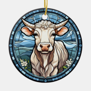 Sweet Stained Glass Cattle Cow Ceramic Ornament