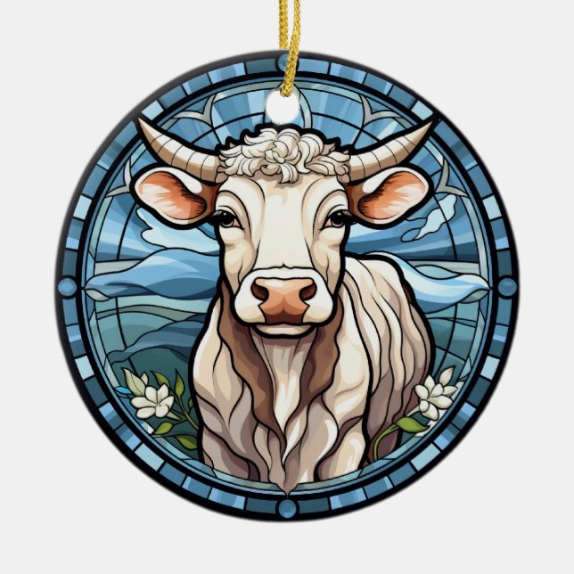 Sweet Stained Glass Cattle Cow Ceramic Ornament (Front)