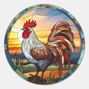 Sweet Stained Glass Chickens Rooster and Sunrise Classic Round Sticker